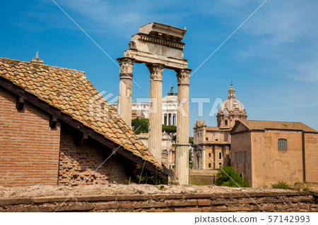 Remains of the Temple of Castor and Pollux at the Roman Forum in Rome 57142993