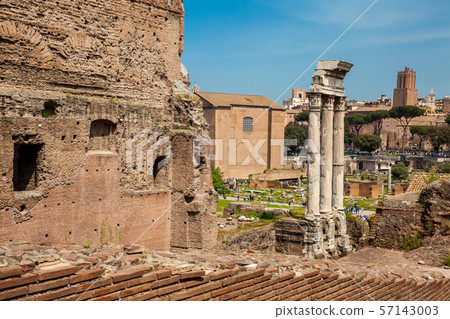 Remains of the Temple of Castor and Pollux at the Roman Forum in Rome 57143003