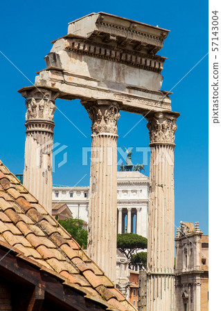 Remains of the Temple of Castor and Pollux at the Roman Forum in Rome 57143004