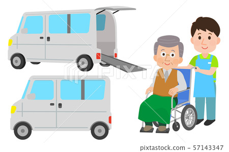 Wheelchair vehicle, male assistant and grandfather illustration 57143347