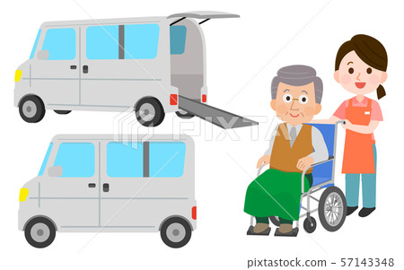 Wheelchair vehicle, female assistant and grandfather illustration 57143348