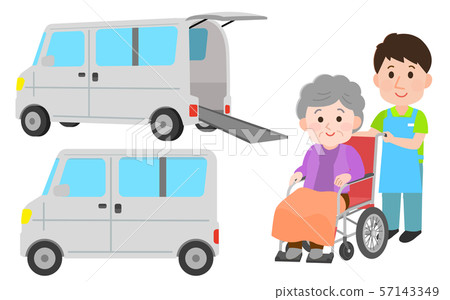 輪椅車，男性助理和祖母，例證 57143349