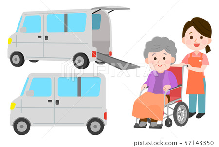 輪椅車，女性助理和祖母，例證 57143350