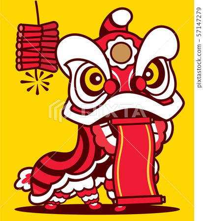 Cartoon Lion Dance With Chinese Scroll And Stock Illustration 57147279 Pixta