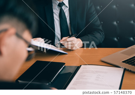 Confident caucasian manager interviews talking Confident caucasian manager interviews talking 57148370