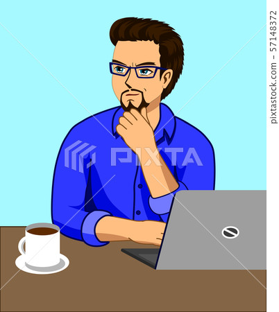 A man who is thinking while working at a desk with a laptop and a coffee cup. A man who is thinking while working at a desk with a laptop and a coffee cup. 57148372