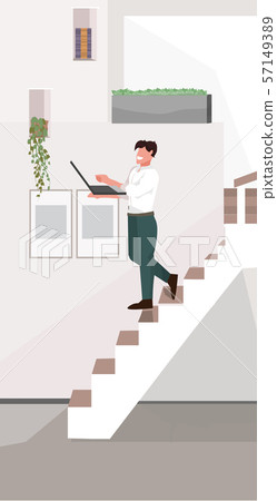man going down stairs guy freelancer on staircase holding laptop modern apartment interior flat full 57149389