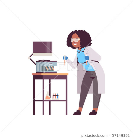 female scientist holding test tubes with blood samples african american woman in uniform using 57149391