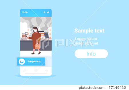 businesswoman in face mask using cellphone plant pipe toxic air pollution industry smog polluted 57149410