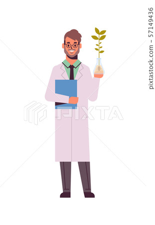 male scientist examining plant sample in test tube man with clipboard in uniform making experiment 57149436