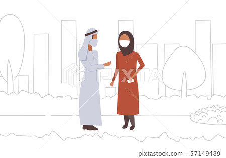 arab couple wearing face mask plant pipe dirty waste toxic air pollution industry smog polluted 57149489