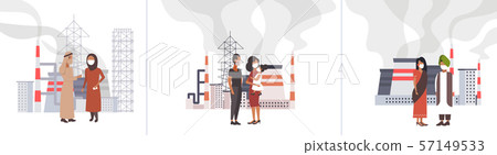 set mix race people in protective masks walking outdoor dirty waste toxic gas air pollution industry 57149533