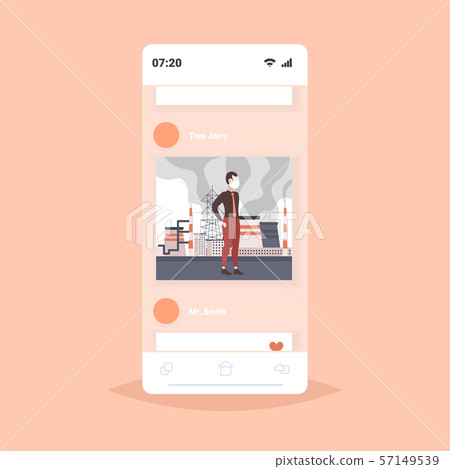 businessman in face mask looking at plant pipe dirty waste toxic air pollution industry smog 57149539