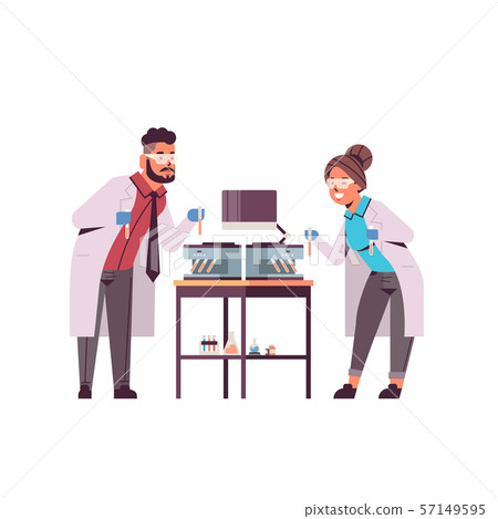 scientists couple holding test tubes with blood samples man woman in uniform using analyzer medical 57149595