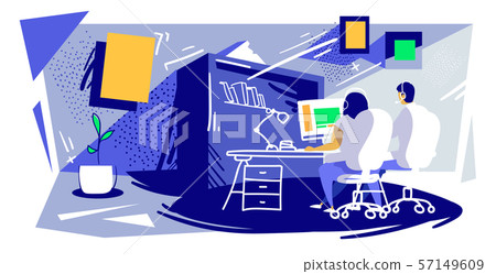 man woman call center operators team with headset sitting at workplace desk couple using computer 57149609
