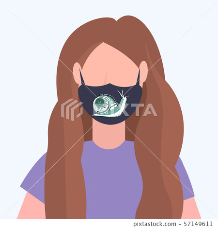 woman wearing protective face mask with snail icon smog air pollution virus protection concept girl 57149611