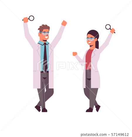 scientists couple raising hands with magnifying glass man woman researchers in uniform making 57149612