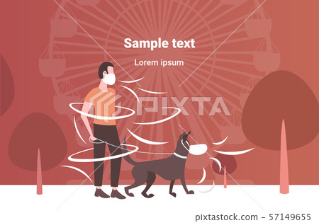 man wearing face mask walking with dog toxic air pollution industry smog polluted environment 57149655