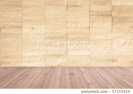 Yellow cream brown rock tile wall with wooden floor in light red brown for interior background ... Yellow cream brown rock tile wall with wooden floor in light red brown for interior background ... 57155414