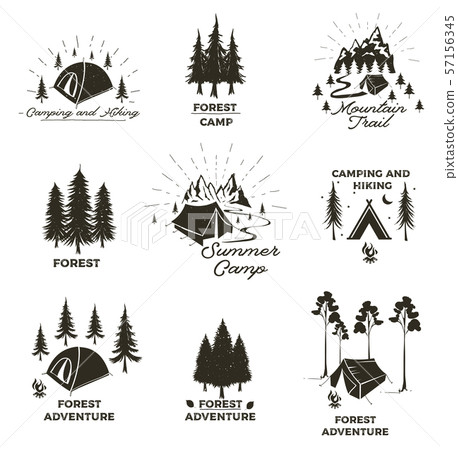 Set of vintage camping and outdoor adventure emblems, logos and badges. Camp tent in forest or 57156345