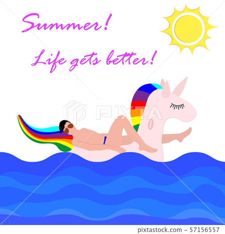 Man swims on inflatable unicorn on the sea Vector Man swims on inflatable unicorn on the sea Vector 57156557
