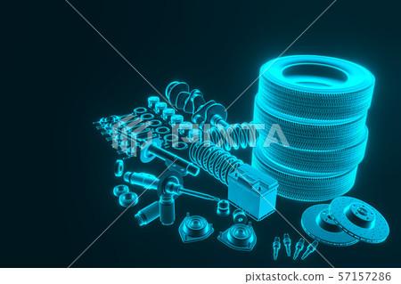 Auto parts, spare parts car on the grey background. 3D rendering 57157286