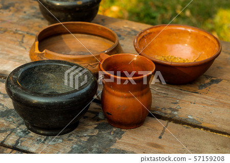 set brown pottery deep plate jug mug mortar set 57159208