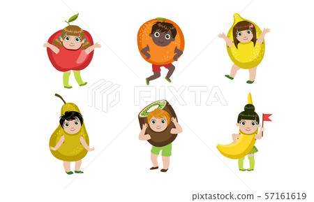 Cute Little Kids Dressed As Fruits Set, Apple, Orange, Lemon, Pear, Kiwi, Banana Vector Illustration Cute Little Kids Dressed As Fruits Set, Apple, Orange, Lemon, Pear, Kiwi, Banana Vector Illustration 57161619