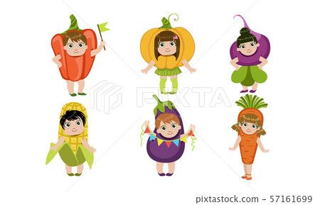 Cute Little Kids Dressed As Vegetables Set, Pepper, Pumpkin, Beetroot, Corn Cob, Eggplant, Carrot Cute Little Kids Dressed As Vegetables Set, Pepper, Pumpkin, Beetroot, Corn Cob, Eggplant, Carrot 57161699