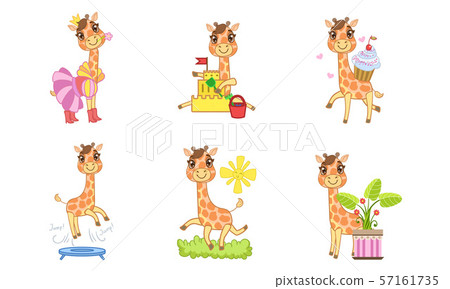 Cute Giraffe Cartoon Character Set, Adorable Animal in Different Situations Vector Illustration 57161735