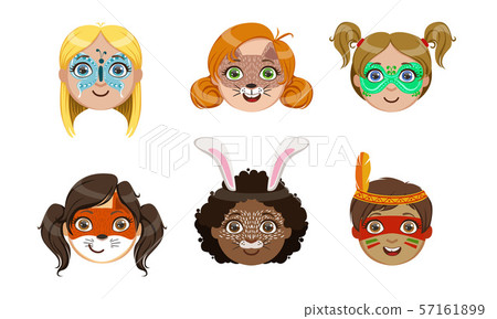 Kids Faces with Animals Painting Set, Butterfly, Rabbit, Fox, Native American Indian Vector Kids Faces with Animals Painting Set, Butterfly, Rabbit, Fox, Native American Indian Vector 57161899