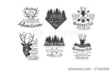 Hunting Club, Adventures Premium Retro Labels Set, Forest Camp, Summer Club Emblems Vector 57162809