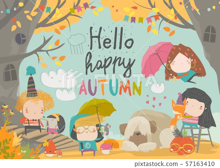 Cute children meeting autumn wearing warm clothes Cute children meeting autumn wearing warm clothes 57163410