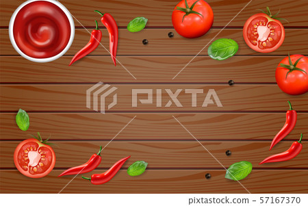 Chili and tomato on wood table Vector realistic. 57167370