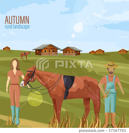 Farmers couple in autumn rural landscape Vector. - Stock Illustration ...