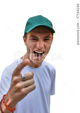 Young man with green cap screaming and motivating 57168280