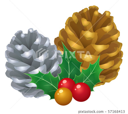 Illustration of a pine cone with moths and gold and silver 57168413