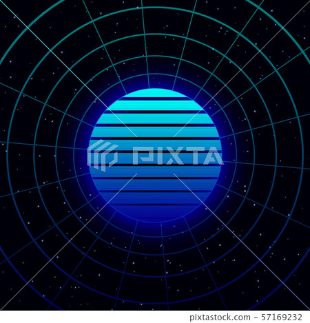 Retrowave blue gradient sun with circular laser grid in dark starry space. Eps 10 57169232