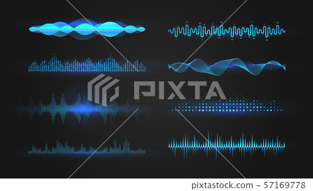 Blue equalizer waves on black background. Realistic set of sound and radio wave. Digital voice 57169778