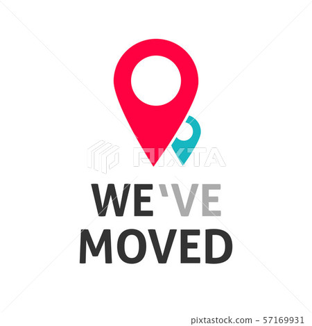 Map pin pointers and we have moved text poster vector illustration, flat cartoon business relocation Map pin pointers and we have moved text poster vector illustration, flat cartoon business relocation 57169931