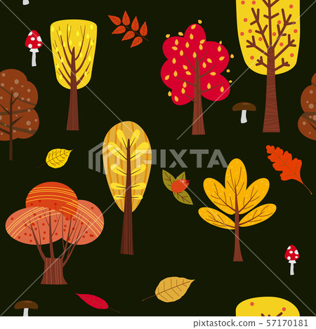 Seamless tree pattern forest woodland with leaves and mushrooms illustration in trendy cartoon flat Seamless tree pattern forest woodland with leaves and mushrooms illustration in trendy cartoon flat 57170181