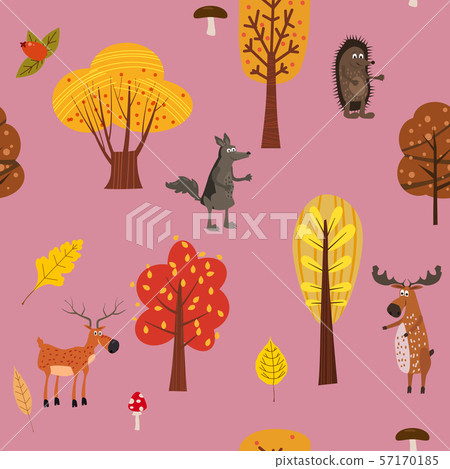 Autumn forest cute animals seamless pattern with trees leaves trendy flat cartoon style 57170185
