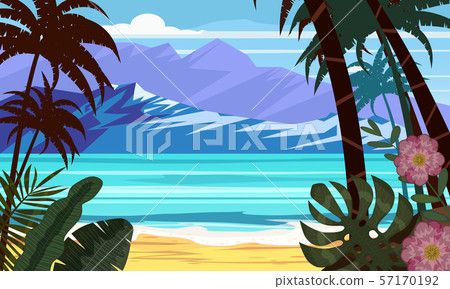 Seascape beach landscape ocean - Exotic plants leaves and palms. Sun and clouds. Trendy design Seascape beach landscape ocean - Exotic plants leaves and palms. Sun and clouds. Trendy design 57170192