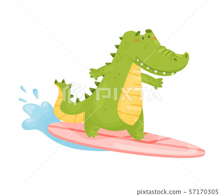 Cute green humanized crocodile surfer. Vector illustration on a white background. Cute green humanized crocodile surfer. Vector illustration on a white background. 57170305