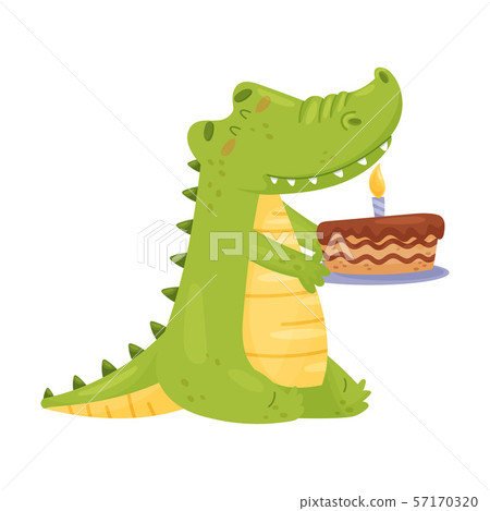 Cute green crocodile holds a cake. Vector illustration on a white background. 57170320