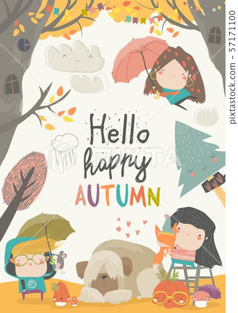 Cute children meeting autumn wearing warm clothes 57171100