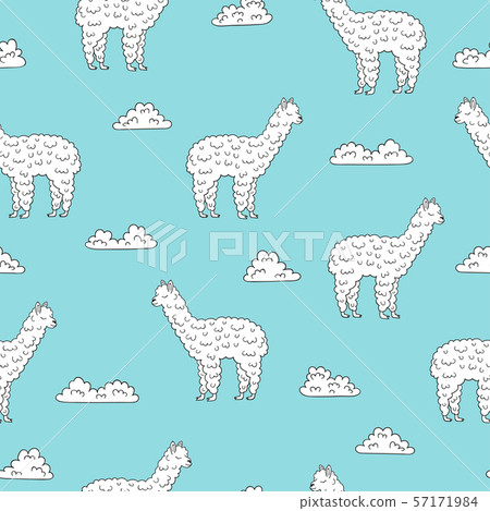 Cute lama seamless pattern. Vector blue background with alpaca and clouds. 57171984