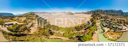 Panoramic Aerial shot of the Bromo volcano and Batok volcano at the Bromo Tengger Semeru National 57172371