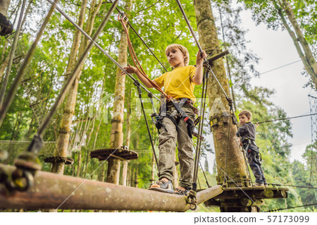 Little boy in a rope park. Active physical recreation of the child in the fresh air in the park 57173099