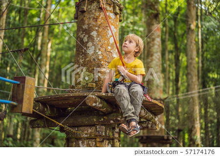 Little boy in a rope park. Active physical recreation of the child in the fresh air in the park 57174176